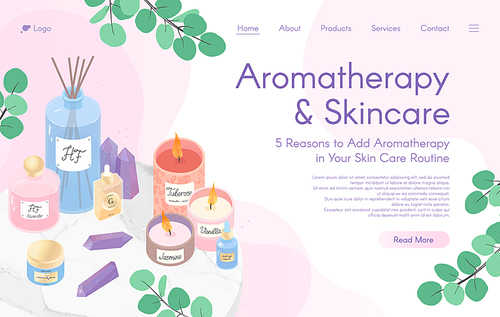 Web page design template for aromatherapy treatment,skin care tutorial,spa,wellness,natural products,cosmetics,self care.Vector illustration concept for website,mobile website.Landing page layout.