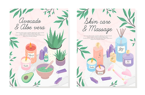 Vector bundle of skincare cosmetic products,face massage tools,oil,amethyst crystals,candles,diffuser, avocado and aloe facial mask.Aromatherapy,spa,wellness and selfcare concept.Beauty routine.