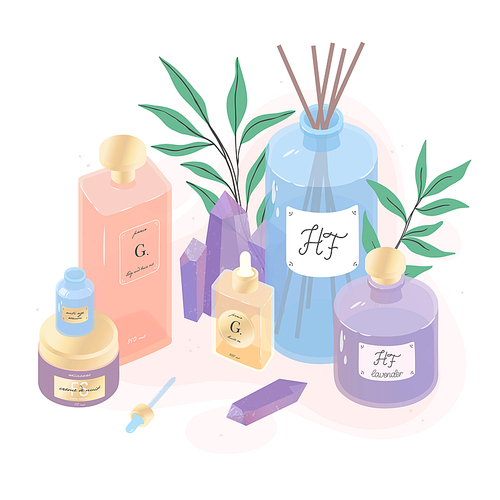 Serum,cream,deffuser,oil and eucalyptus vector illustration set.Spa,wellness and beauty routine concept.Skin care,aromatherapy and ralax design elements.Home fragrances,cute hygge home decoration