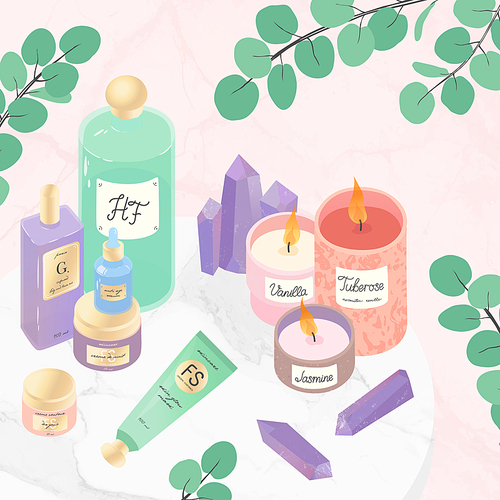 Vector set of skincare cosmetic products,creams, serum,moisture mask,oil,amethyst crystals,candles,eucalyptus on a decorative marble tray.Skin care,aromatherapy,spa and wellness concept.Beauty routine