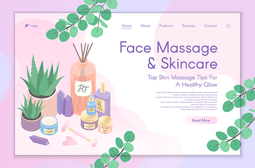 Web page design template for skin care treatment,face massage tutorial,spa,wellness,natural products,cosmetics,self care.Vector illustration concept for website, mobile website.Landing page layout.