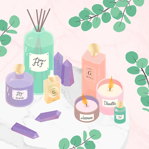 Vector composition of home decor,essential oil,amethyst crystals,candles,diffuser,anti age serum,eucalyptus and aloe on a decorative marble tray.Wellness and selfcare illustration.Beauty blogger concept.Top view