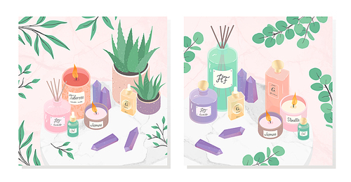 Vector bundle of home decor,essential oil,amethyst crystals,candles,diffuser,anti age serum,eucalyptus and aloe on a decorative marble tray.Wellness and selfcare illustrations.Beauty blogger concept.Top view