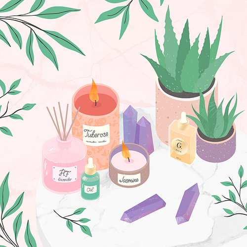 Vector composition of home decor,essential oil,amethyst crystals,candles,diffuser,anti age serum and aloe on a decorative marble tray.Wellness and selfcare illustration.Beauty blogger concept