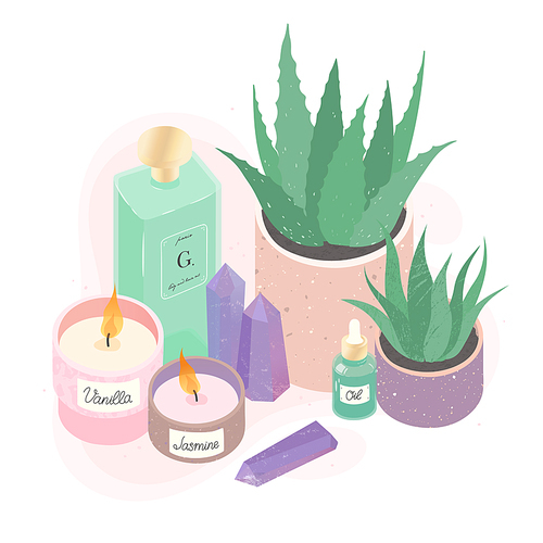 Aromatic candles,home plants,oil and amethyst crystals vector illustration set.Interior decor composition.Aromatherapy,wellness and ralax design elements.Home fragrances,cute hygge home decoration
