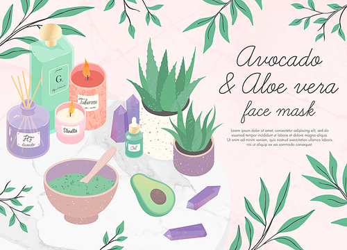 Natural avocado and aloe vera facial mask in bowl,essential oil,crystals,diffuser,candles on a  marble tray.Organic beauty ingredients,natural homemade treatment.Wellness and skincare vector concept.