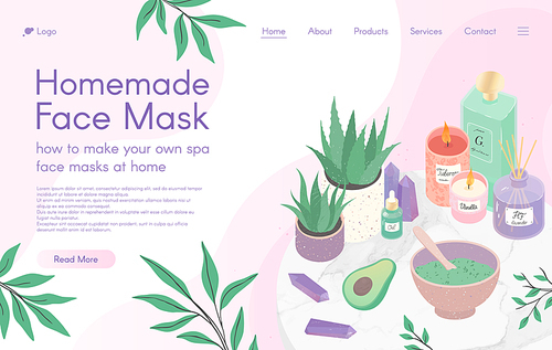 Web page design template for skin care treatment,homemade facial mask tutorial,spa,wellness,natural products,self care.Vector illustration concept for website, mobile website.Landing page layout.