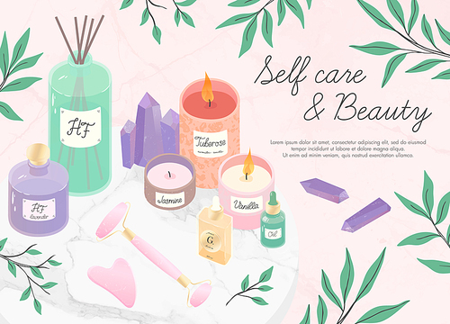 Vector set of skincare cosmetic products,face massage tools,oil,amethyst crystals,candles,diffuser,eucalyptus on a decorative marble tray.Aromatherapy,spa,wellness and selfcare concept.Beauty routine.