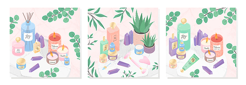 Vector bundle of skincare cosmetic products,creams,serum,face massage tools,oil,crystals,candles,aloe on a decorative marble tray.Skin care,aromatherapy,spa and wellness concept.Beauty treatment.