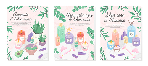 Vector bundle of skincare cosmetic products,face massage tools,oil,amethyst crystals,candles,diffuser, avocado and aloe facial mask.Aromatherapy,spa,wellness and skin care concept.Beauty routine.