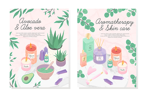 Vector bundle of skincare cosmetic products,face massage tools,oil,amethyst crystals,candles,diffuser, avocado and aloe facial mask.Aromatherapy,spa,wellness and selfcare concept.Beauty routine.
