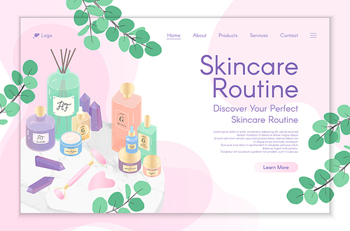 Web page design template for skin care treatment,beauty routine tutorial,spa,wellness,natural products,cosmetics,self care.Vector illustration concept for website, mobile website.Landing page layout.