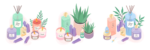 Serum,creams,candles,oil,crystals,diffuser and aloe vector illustration bundle.Beauty routine concept.Skin care treatment,wellness and ralax design elements.Home fragrances,cute hygge home decoration