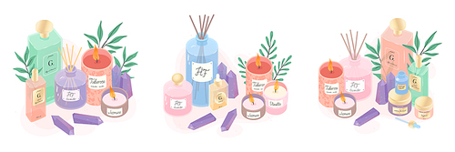 Serum,creams,candles,oil,crystals,diffuser and eucalyptus vector illustration bundle.Beauty routine concept.Skin care treatment,wellness and ralax design elements.Home fragrances,cute hygge home decoration
