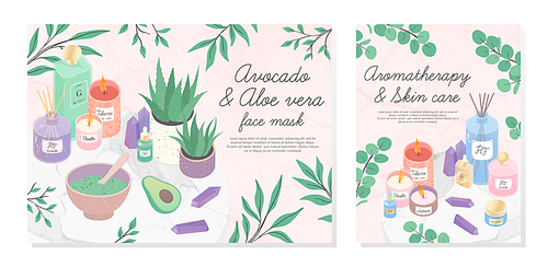 Vector bundle of skincare cosmetic products,serum,creams,oil,amethyst crystals,candles,diffuser,avocado and aloe facial mask.Skin care,aromatherapy,spa and wellness concept.Beauty treatment.