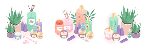 Serum,creams,candles,oil,crystals,diffuser and aloe vector illustration bundle.Beauty routine concept.Skin care treatment,wellness and ralax design elements.Home fragrances,cute hygge home decoration