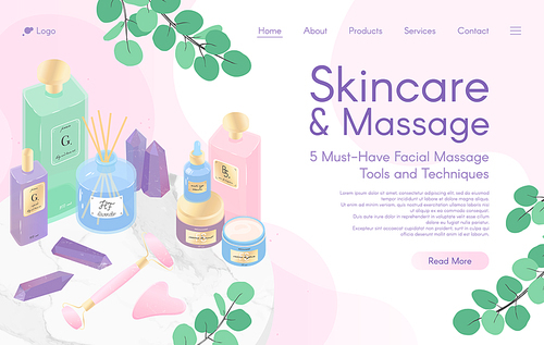 Web page design template for skin care treatment,face massage tutorial,spa,wellness,natural products,cosmetics,self care.Vector illustration concept for website, mobile website.Landing page layout.