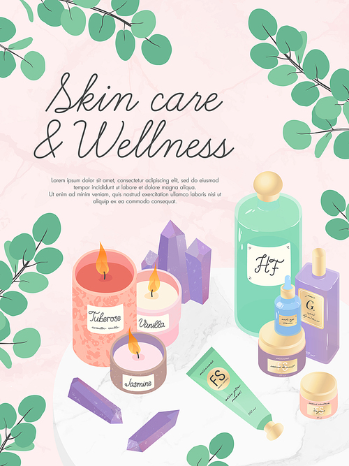 Vector set of skincare cosmetic products,creams, serum,moisture mask,oil,amethyst crystals,candles,eucalyptus on a decorative marble tray.Skin care,aromatherapy,spa and wellness concept.Beauty routine