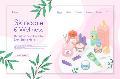 Web page design template for skin care treatment,spa,wellness,beauty routine tutorial,natural products,cosmetics,self care.Vector illustration concept for website,mobile website.Landing page layout.