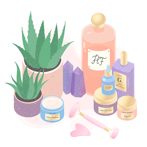 Serum,creams,perfume,face massage tools and aloe vector illustration set.Beauty routine concept.Skin care treatment,wellness and ralax design elements.Home fragrances,cute hygge home decoration