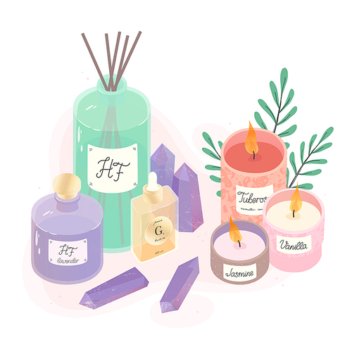 Aromatic candles,deffuser,oil,perfume and amethyst crystals vector illustration set.Ayurveda,spa and wellness concept.Aromatherapy and ralax design elements.Home fragrances,cute hygge home decoration