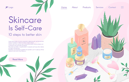 Web page design template for skin care treatment,beauty routine tutorial,spa,wellness,natural products,cosmetics,self care.Vector illustration concept for website, mobile website.Landing page layout.
