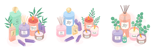 Aroma candles,deffuser,perfume,oil and eucalyptus vector bundle.Ayurveda,spa,wellness and beauty routine concept.Aromatherapy and ralax design elements.Home fragrances,cute hygge home decoration