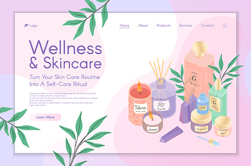 Web page design template for skin care treatment,spa,wellness,beauty routine tutorial,natural products,cosmetics,self care.Vector illustration concept for website,mobile website.Landing page layout.
