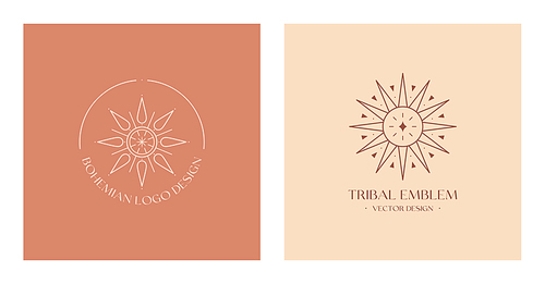 Vector linear boho emblems.Bohemian tribal logos design with star,sun or moon and sunburst.Modern celestial icons or symbols in trendy minimalist style.Branding design templates.