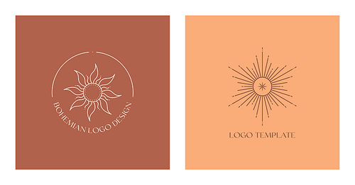 Set of vector bohemian logo design templates with sun and sunburst. Boho linear icons or symbols in trendy minimalist style.Modern celestial emblems.Branding design templates.