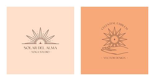 Vector bohemian logo design templates with hand holding sun.Boho linear icons or symbols in minimalist style.Modern celestial emblems.Branding design.Letters with Solar del Alma means Sun of the Soul