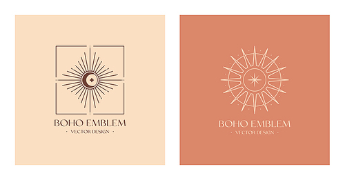 Vector bohemian logos design template with sun or guiding star,crescent moon and light rays.Boho linear icons or symbols in trendy minimalist style.Modern celestial emblems.Branding design templates.