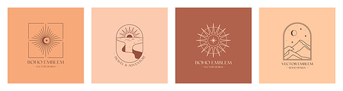 Vector linear boho emblems with rocky mountain landscape,guiding star and crescent.Travel logos with cliffed coast;sand dunes,sea,moon,sun and sunburst.Modern celestial icons.Branding designs