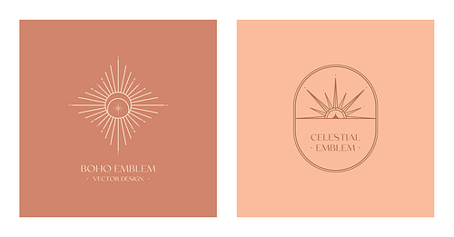 Set of vector bohemian labels design templates with sun,crescent moon,star and sunburst.Boho linear icons or symbols in trendy minimalist style.Modern celestial emblems.Branding design templates.