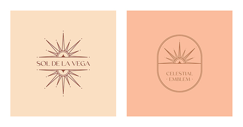Set of vector bohemian labels design templates with star,sun and sunburst.Boho linear icons or symbols.Modern celestial emblems.Branding design.Letters with Sol de la Vega means Sun of the Valley