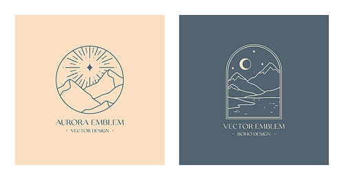 Vector linear boho emblems with snowcapped mountain landscapes.Travel logos with mountains;sea or lake,aurora lights,moon and stars.Modern bohemian icons or symbols in minimal style.Branding design