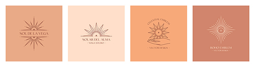 Set of vector bohemian logo design templates with star,sun and sunburst.Modern celestial emblems.Branding boho design.Sol de la Vega means Sun of the Valley,Solar del Alma means Sun of the Soul.