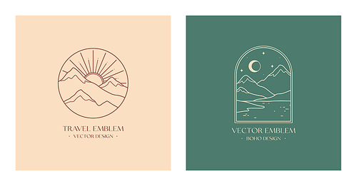 Vector linear boho emblems with snowcapped mountain landscapes.Travel logos with mountains;sea or lake,sun,moon and stars.Modern bohemian icons or symbols in minimal style.Branding design