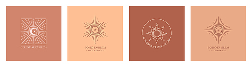 Set of vector bohemian logo design templates with moon,star,sun and sunburst. Boho linear icons or symbols in trendy minimalist style.Modern celestial emblems.Branding design templates.