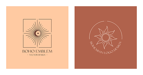 Set of vector bohemian logo design templates with crescent moon, sun and sunburst. Boho linear icons or symbols in trendy minimalist style.Modern celestial emblems.Branding design templates.