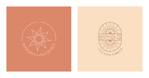 Set of vector bohemian logo design templates with sun,cloudy sky, sunburst. Boho linear icons or symbols in trendy minimalist style.Modern celestial emblems.Branding design templates.