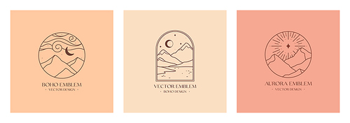 Vector linear boho emblems with abstract mountain landscapes and night sky.Travel logos with mountains,aurora lights or polar star,sea or lake,moon and stars.Modern hike,camp or glamping resort labels