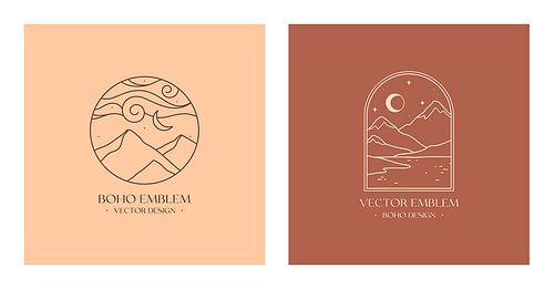 Vector linear boho emblems with abstract snowcapped mountain landscapes and night sky.Travel logo with mountains,snow hills,sea or lake,moon and stars.Modern hike,camp or ski resort label.