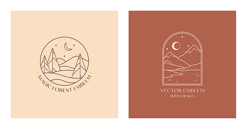 Vector linear boho emblem with abstract winter forest and snowcapped mountain landscapes.Travel logo with firs,snow hills,sea or lake,moon and stars.Modern hike,camp or ski resort label in trendy minimal style.