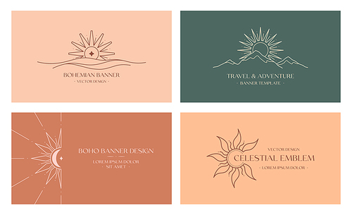 Vector travel and celestial logo design with mountain landscape,sea waves,sun.Boho linear icons or symbols in minimalist style.Modern hike,camp or glamping resort label.Branding design,website banner
