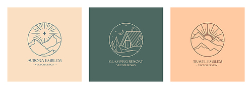 Vector linear glamping emblems with forest landscape,aurora lights,house.Travel logos with mountains,crescent moon,polar star,sun and sunburst.Modern hike,camp,nature reserve,outdoor recreation labels.