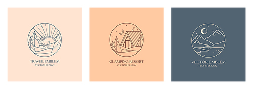 Vector linear glamping emblems with forest landscape,mountains,house or tent.Travel logos with deer,crescent moon,lake,sun and sunburst.Modern hike,camp,nature reserve,outdoor recreation labels.