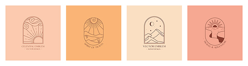 Vector boho emblems with abstract mountain landscapes.Travel logos with mountains or desert dunes;sky,crescent moon,sun and sunburst.Modern travel icons or symbols in trendy minimalist style.