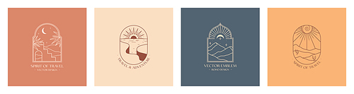 Vector linear boho emblems with abstract mountain landscapes.Travel logos with mountains or desert dunes;cliffed coast,sun,crescent moon,stars and sunburst.Modern travel icons or symbols.