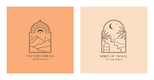 Vector linear boho emblems with abstract mountain landscapes in moroccan window.Travel logos with mountains or desert dunes;moon and stars.Modern bohemian icon or symbol in oriental style.Branding design template.